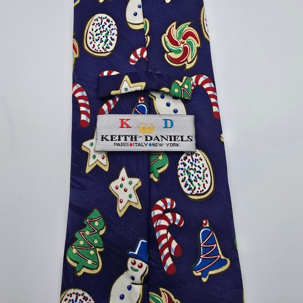 Keith Daniels Mens Christmas Cookie Holiday Necktie Navy Blue Snowman Tree - Picture 3 of 6